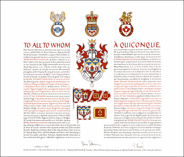 Letters patent granting heraldic emblems to Adam Edward Thompson